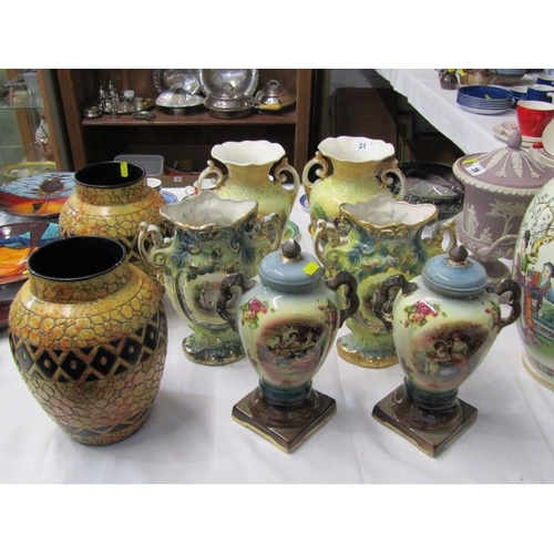 31 - EDWARDIAN VASES, 3 pairs of decorative twin handled vases plus another pair