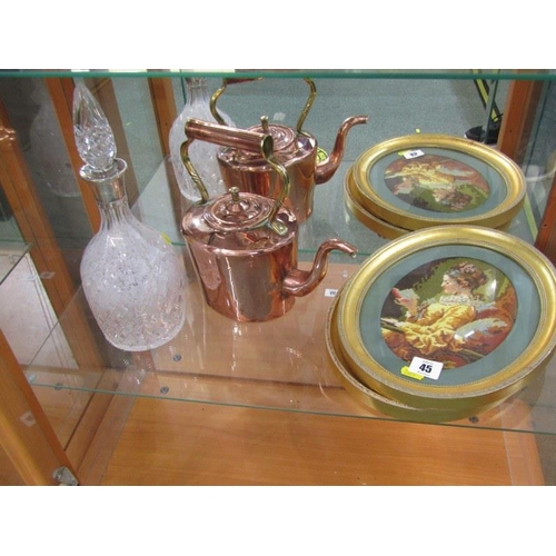 45 - ANTIQUE COPPER KETTLE, silver collared cut glass decanter and 2 oval framed tapestry portraits