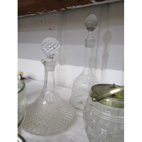 5 - CUT GLASS, flower holder on plated stand and 2 decanters