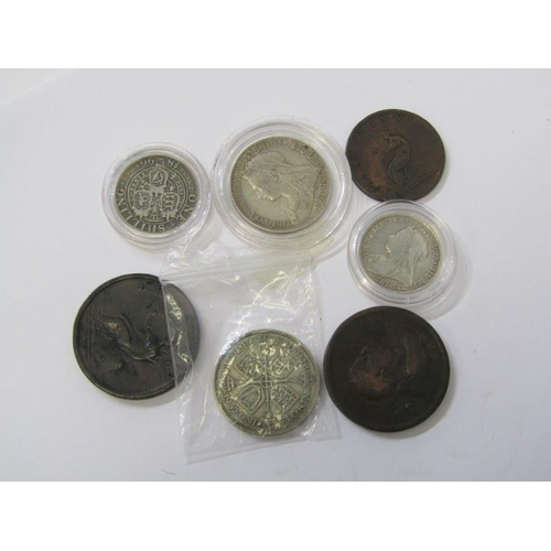 42 - SILVER & COPPER COINS, 1901 Victorian florin, 2 Victorian shillings, a rarer 1932 rare florin & 3 Ge... 