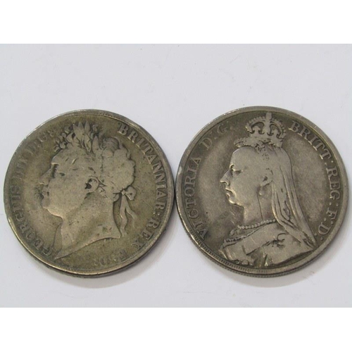 6 - 2 x 19TH CENTURY CROWNS, George IV 1821 Crown & Victorian 1889 Crown (worn)