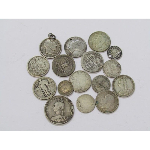 9 - SILVER COINS, Georgian & later mostly worn, including Victorian 1887 florin, various shillings, sixp... 