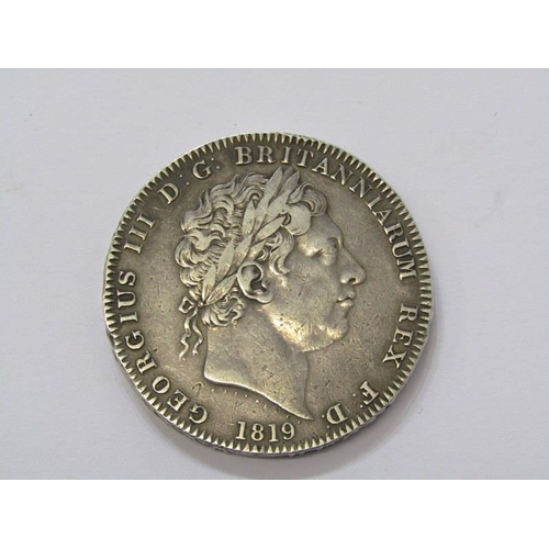 11 - 1819 GEORGE III SILVER CROWN, A.R: LX, delightful coin with laureate head & George & Dragon, good to... 