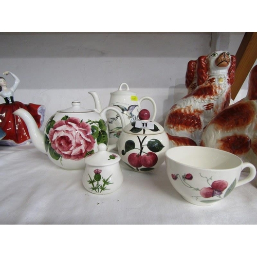 11 - PLICHTA, rose painted globular teapot, cherry decorated spherical preserve pot & 3 other pieces
