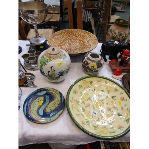 114 - STUDIO POTTERY, stoneware fruit bowl, floral decorated shallow dish, 2 Oriental ginger jars etc.