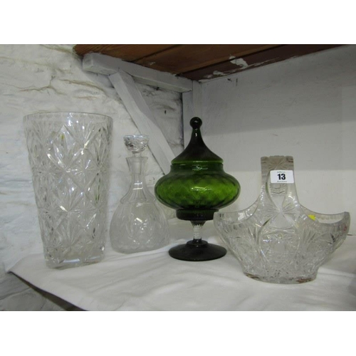 13 - CUT GLASS, a quality 28cm cut glass vase, similar flower basket also decanter & green glass lidded c... 