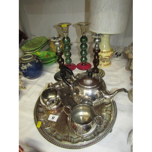 17 - SILVERPLATE, 3 piece tea service with Sheffield plate tray, pair of barley twist retro candlesticks,... 