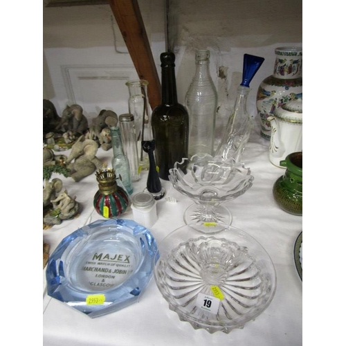 19 - GLASSWARE, Majex advertising ashtray, replica seal port bottle, glass slipper decanter & other glass... 