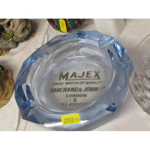 19 - GLASSWARE, Majex advertising ashtray, replica seal port bottle, glass slipper decanter & other glass... 