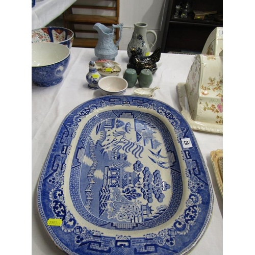 29 - RIDGEWAY, stoneware jousting jug, Victorian Willow pattern meat plate, Jackfield glazed hen basket e... 