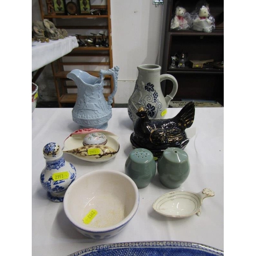 29 - RIDGEWAY, stoneware jousting jug, Victorian Willow pattern meat plate, Jackfield glazed hen basket e... 
