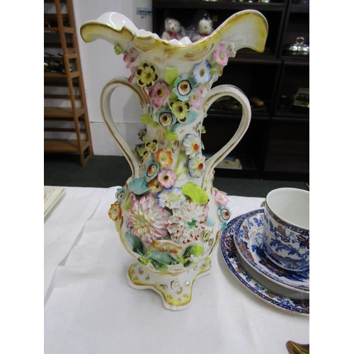 31 - COALBROOKDALE, floral encrusted twin handled vase, 26cm's high (restored) also green carnival glass,... 