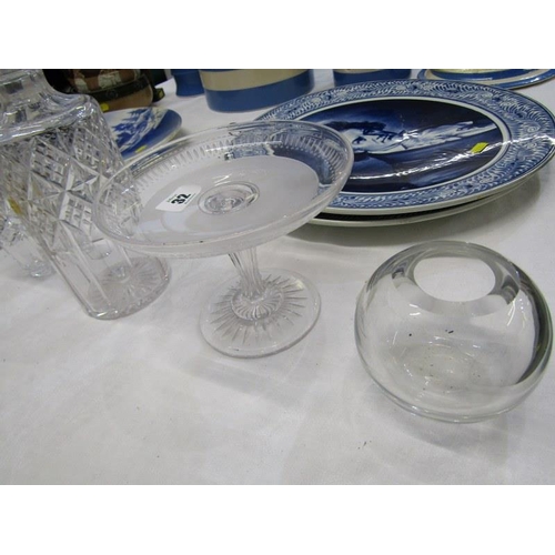 32 - GLASSWARE, foliate etched glass cream dish, hollow stem comport, 2 decanters etc.