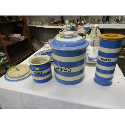 34 - T.G.GREEN CLOVERLEAF Four items of Cornish blue ware including bread bin 33cms high, pasta jar, egg ... 