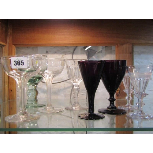 365 - ANTIQUE GLASSWARE, pair of hollow stem champagne glasses, 2 Regency style V bowl liquor glasses, aub... 