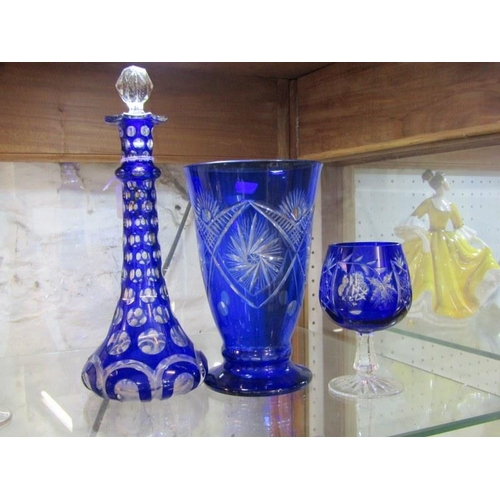 366 - GLASSWARE, blue cased cut glass liquor decanter and stopper, also similar pedestal vase and brandy b... 