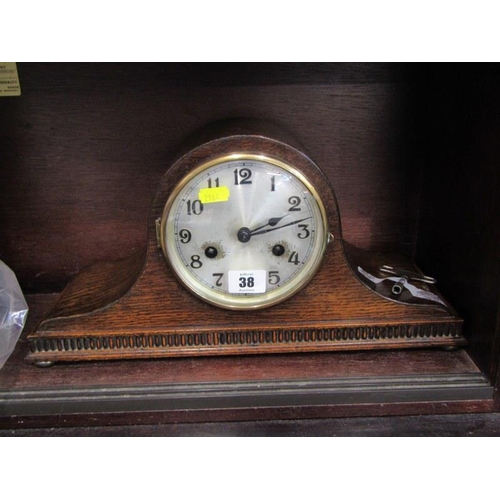 38 - MANTEL CLOCK, Vintage oak cased mantel clock with bar strike & key