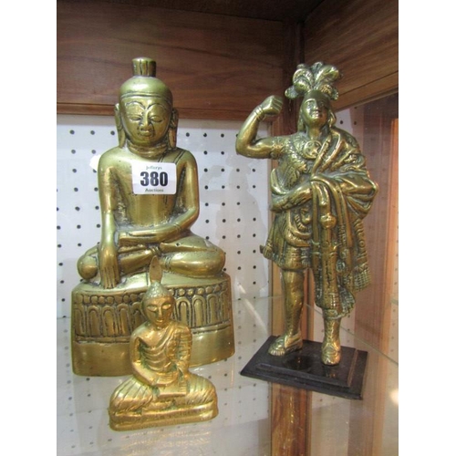 380 - EASTERN METALWARE, 2 brass temple Buddha figures, 22cm and 9cm height, together with brass Indian Ch... 