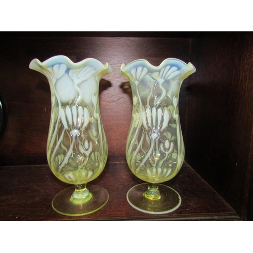 4 - ART NOUVEAU, pair of Vaseline glass crinoline edge vases , decorated with floral design 19cm