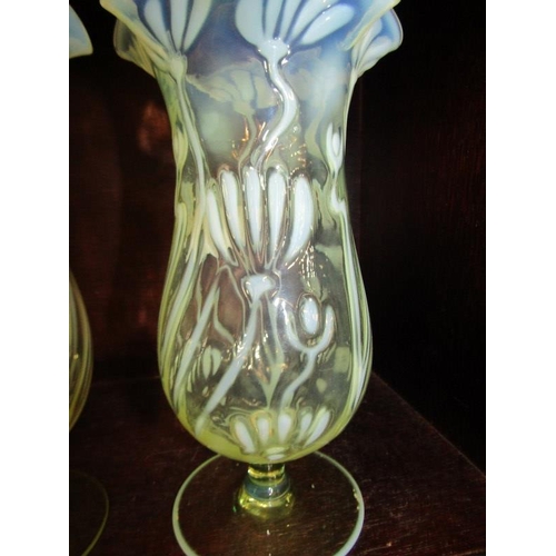 4 - ART NOUVEAU, pair of Vaseline glass crinoline edge vases , decorated with floral design 19cm
