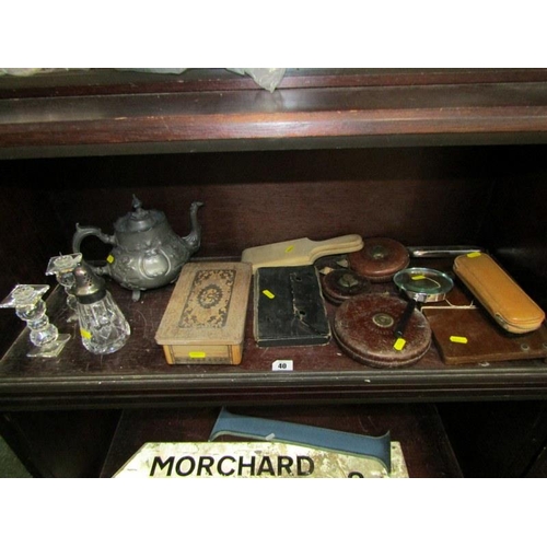 40 - 3 VINTAGE LEATHER CASED TAPE MEASURES, pair of butter pats, inlaid jewel box & contents of shelf