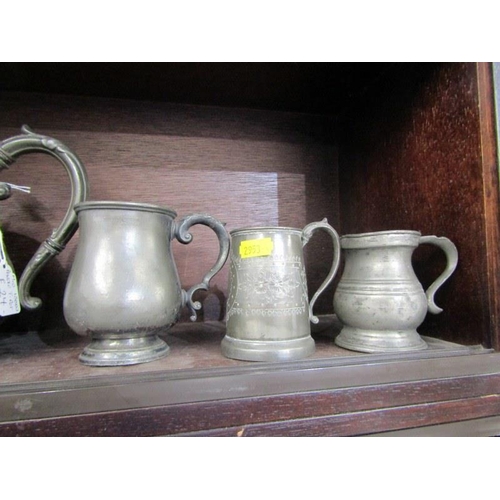 42 - PEWTER, Victorian pewter teapot and tankards also vintage enamelled lightshade & other metalwork