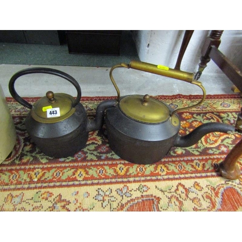 443 - ANTIQUE METALWARE, 2 cast iron kettles, together with stoneware storage jar a/f