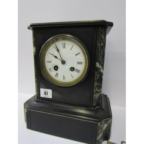 47 - ANTIQUE MANTEL CLOCK, inlaid black marble mantel clock with enamelled dial