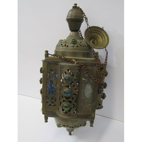 49 - LIGHTING, Mid Eastern design pierced brass hanging lantern, 39cms high