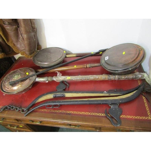 492 - METALWARE, 3 antique copper warming pans, pair of horse hames and walking stick