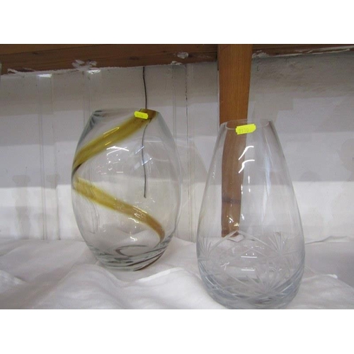 6 - GLASSWARE, retro design Whitefriars style smokey glass tumbler vase, 30cm's high; also cut glass 26c... 