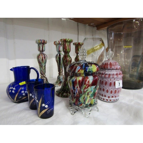 7 - ANTIQUE GLASSWARE, 2 pairs of splatter glass candlesticks, 2 similar lidded preserve pots, Bristol B... 