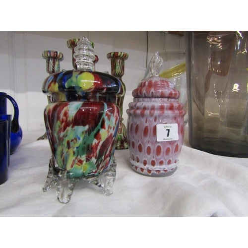 7 - ANTIQUE GLASSWARE, 2 pairs of splatter glass candlesticks, 2 similar lidded preserve pots, Bristol B... 