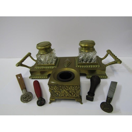 78 - METALWARE, Edwardian brass twin ink bottle stand dish, one other ink well & 4 seals