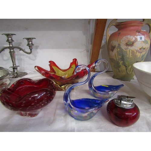 10 - RETRO GLASS, 2 red glass centre pieces, 2 blue glass swans and table lighter