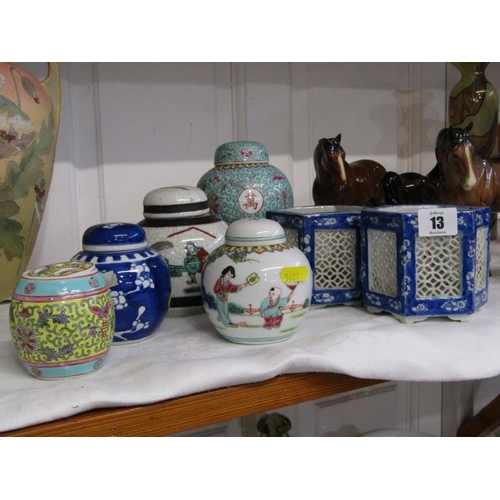13 - ORIENTAL CERAMICS, pair of Japanese hexagonal pot pouri holders, also 4 ginger jars and 1 other