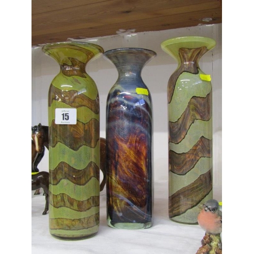 15 - MDINA GLASS, 2 brown and orange banded cylindrical vases, 28cm and 31cm; also square based smokey gl... 