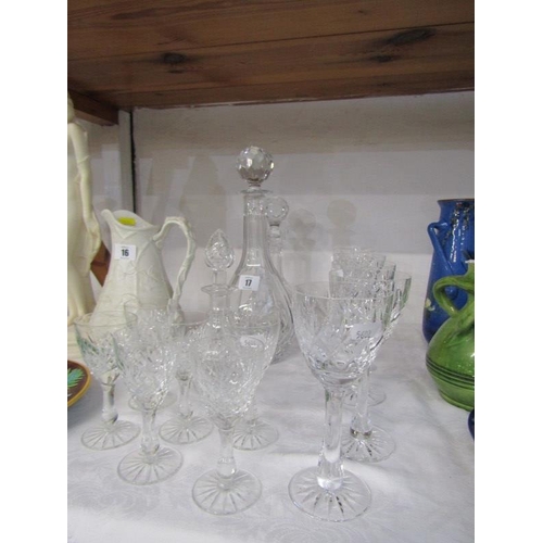 17 - CUT GLASS, 3 decanters, 6 similar sherries and 6 goblets