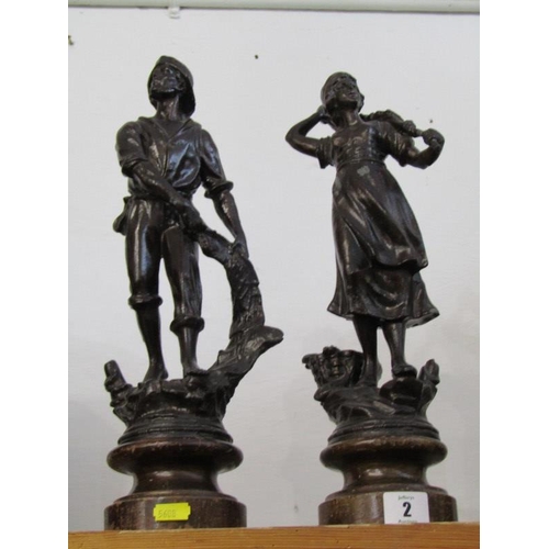2 - ANTIQUE METALWARE, pair of bronzed spelter figures, 