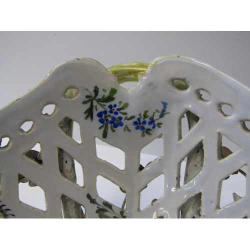 24 - ANTIQUE CONTINENTAL FAIENCE, floral encrusted pierced diamond shaped fruit bowl, 31cm width
