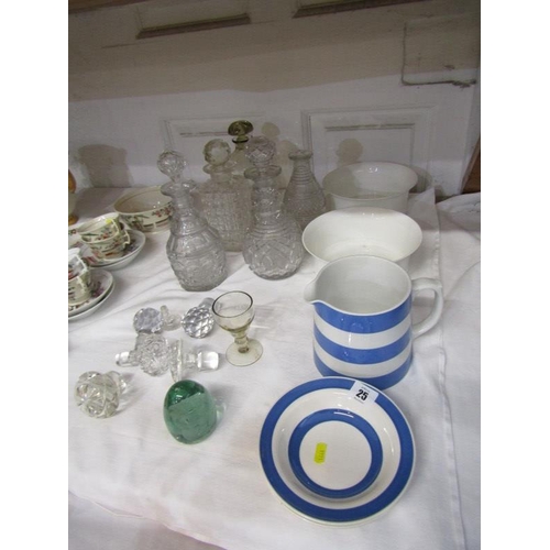 25 - T G GREEN Cornishware jug, 2 Georgian glass decanters, additional stoppers, etc