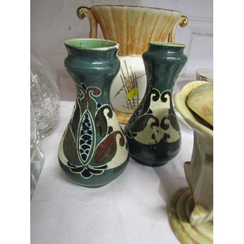 27 - ART DECO, Crown Devon twin handled vase, pattern no M454, also pair of Barum Barnstable Art Nouveau ... 