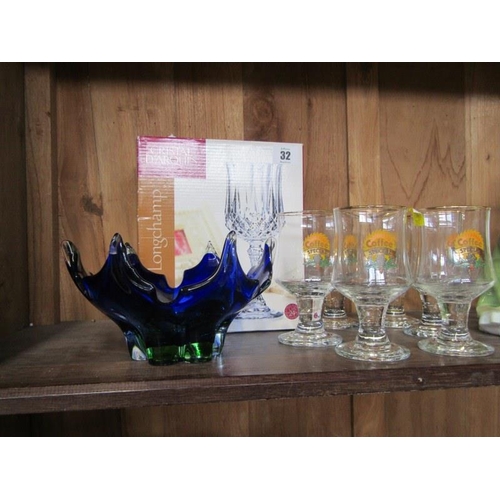 32 - GLASSWARE, retro blue glass bowl, boxed goblets and 6 Irish coffee goblets