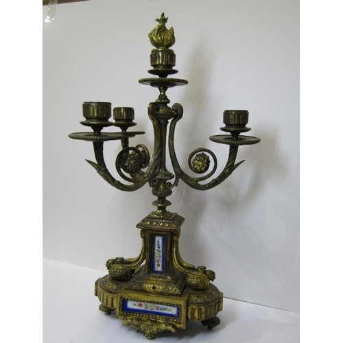 39 - ANTIQUE LIGHTING, 19th Century French ormolu triple branch candelabra with inset sevres style panels... 