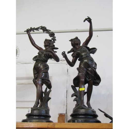 4 - ANTIQUE METALWARE, pair of bronzed spelter figures After Guillemin, (1 damaged) 54cm height