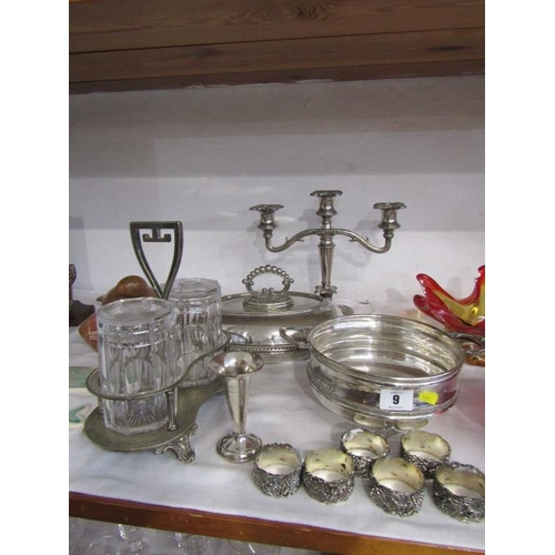 9 - SILVERPLATE, twin bottle preserve set, plated oval tureen, serveitte ring, etc
Collected by vendor 1... 