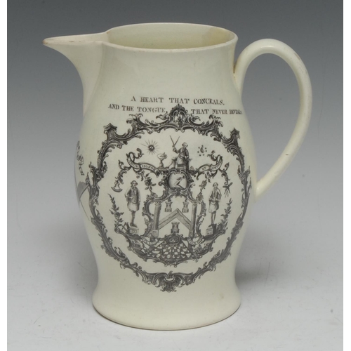 1 - Freemasonry - a rare Liverpool creamware baluster ale jug, transfer-printed in black with vignettes ... 