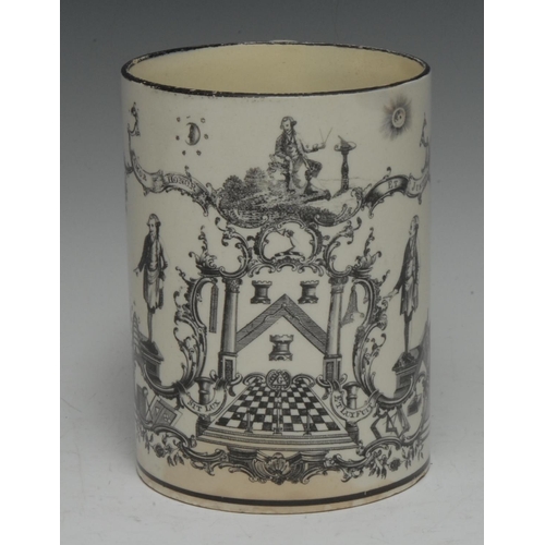 2 - Freemasonry - a rare creamware cylinder mug, probably Liverpool, transfer-printed in black with vign... 