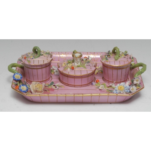 29 - A Minton canted rectangular standish, with two 'coopered' pail inkwells and central taper stick, in ... 