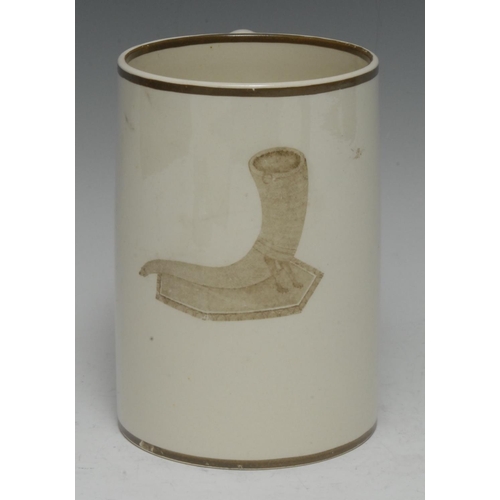 3 - A Wedgwood creamware cylindrical mug, transfer printed with a cornucopia, line border, scroll handle... 